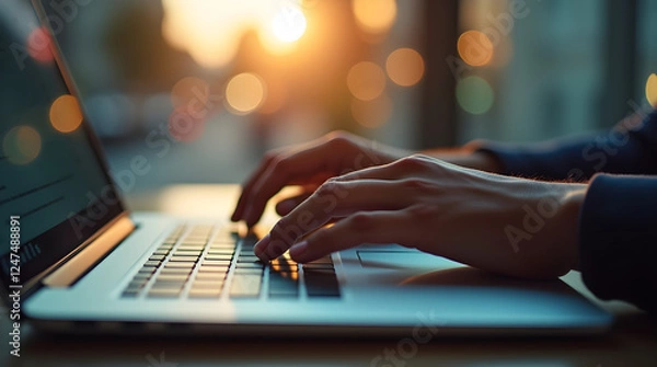 Fototapeta Close-Up of Hands Typing on Laptop Keyboard: Business Professional Working on Computer, Focus on Fingers, Office Setting with Bokeh Lights, Evening Glow