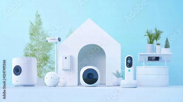 Obraz Smart home security system featuring cameras and sensors in modern setting. devices are arranged around minimalist house design, showcasing advanced technology for home safety