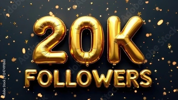 Fototapeta Shimmering golden balloons displaying "20K FOLLOWERS" are set against a confetti-scattered dark background. Concept of: Building an audience.