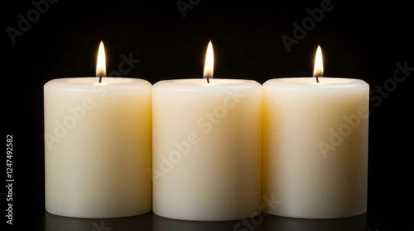 Fototapeta Three white candles flicker softly, their warm glow contrasting against a dark backdrop for a serene ambiance.