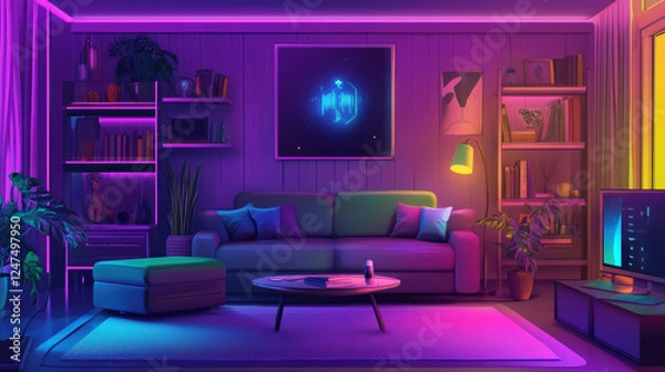 Fototapeta modern living room featuring AI controlled lighting, vibrant colors, and cozy atmosphere. space includes green sofa, stylish decor, and plants, creating relaxing environment