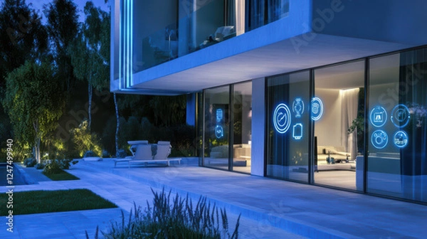 Obraz modern smart home featuring advanced surveillance systems and illuminated icons at night. sleek architecture and serene outdoor space create tranquil atmosphere