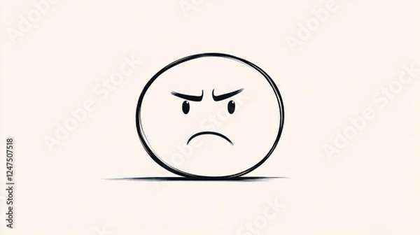 Fototapeta simple black and white hand-drawn angry face emoticon with furrowed eyebrows and a frown expressing frustration on a minimal background
