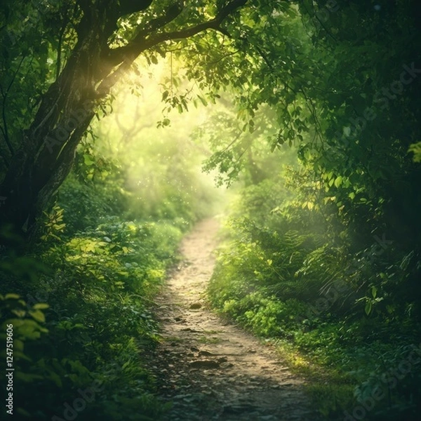 Fototapeta Sunlit Forest Path, Misty Morning, Adventure