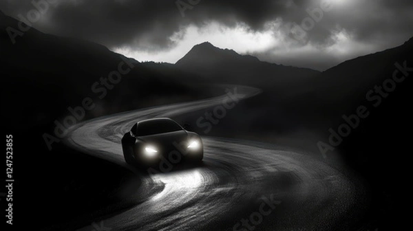 Obraz car with headlights illuminating winding mountain road under dramatic sky. scene captures sense of adventure and mystery, with dark mountains and moody lighting