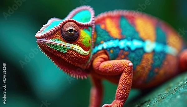 Obraz Close-up vibrant chameleon. Colorful reptile in tropical setting. Animal displays intricate patterns, vivid colors. Nature macro photo. Exotic wildlife. Beautiful closeup detail of head. Detailed