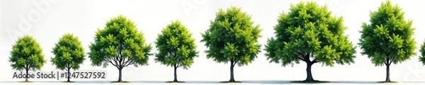 Fototapeta Green trees of different sizes shown in row. Different heights illustrate growth stages. Image shows variety of tree sizes in natural landscaping theme. Isolated eco-friendly image for design