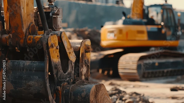 Fototapeta Rugged construction machinery at site, showcasing heavy equipment in action. scene captures essence of industrial work and progress in dynamic environment