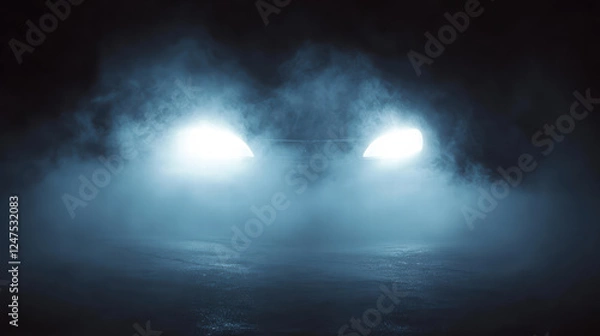 Fototapeta Close up of car headlights shining through fog, creating mysterious atmosphere. bright lights pierce darkness, enhancing sense of intrigue and depth