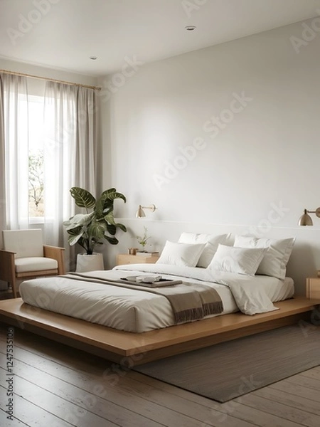 Fototapeta Minimalist Modern Bedroom Design Platform Bed, Neutral Tones, Natural Light. Generative AI