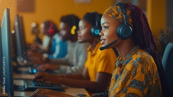 Fototapeta A group of young individuals focused on their screens in a bright, modern workspace during the evening. Representing online training, gaming, customer service or a call center workspace.