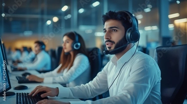 Fototapeta In a well-lit office, a group of young professionals focus on their computer screens while wearing headsets. The atmosphere is dedicated to providing customer support and communication.