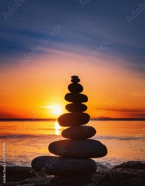 Obraz A beautifully arranged stone pyramid rises against the backdrop of a brilliant sunset. The serene waters reflect warm hues, inviting a sense of tranquility and balance in nature