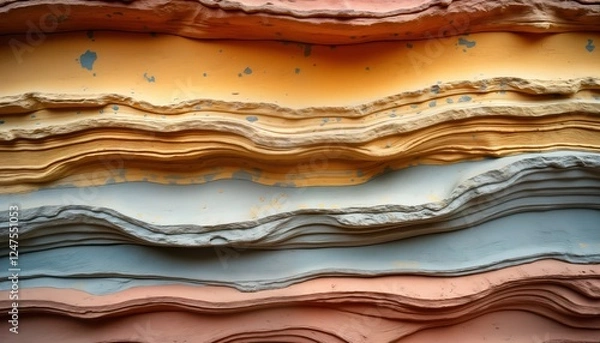 Obraz Close-up view of layered rock formations. Colorful strata exhibit different sediment layers. Rock layers show wavy patterns suggesting geological processes like erosion sedimentary deposition.