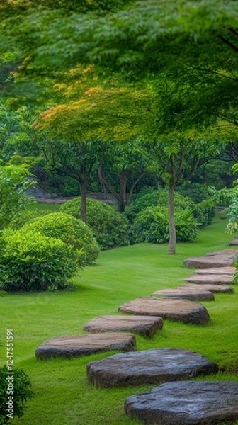 Fototapeta Tranquil Stone Path Through Lush Garden