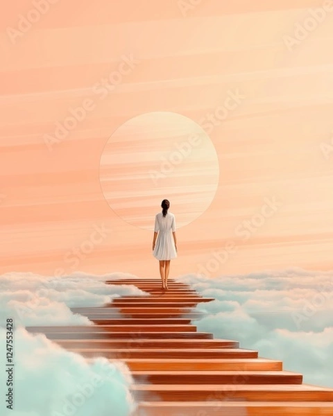 Obraz A woman in a white dress ascending a wooden staircase into the clouds under a large sun in a surreal scene