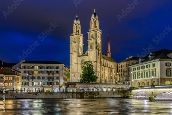 Fototapeta Night view of historic Zurich city center  on summer, Canton of Zurich, Switzerland.