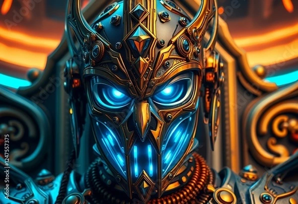 Obraz Futuristic Warrior Mask with Glowing Eyes Detailed Robot Portrait