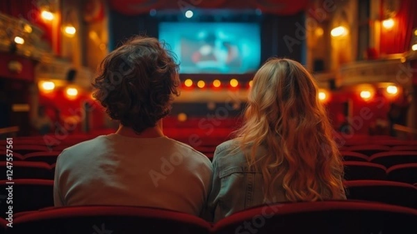 Fototapeta Couple enjoying a cinematic experience in a beautifully illuminated theater with red seating and elegant interior design ambiance