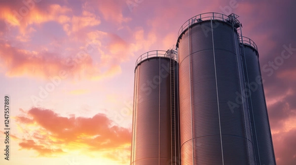 Fototapeta Large silos stand against vibrant sunset backdrop, showcasing their metallic structure and reflecting warm hues of sky. This scene captures essence of agricultural storage