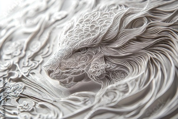 Fototapeta Intricately sculpted dragon head in white paper-like texture, highly detailed.