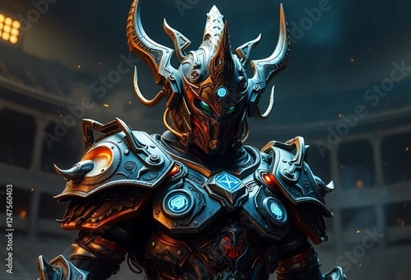 Fototapeta Armored warrior standing in arena ready for battle or competition