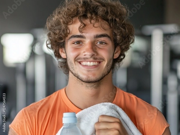 Obraz Smiling young man holding water bottle and towel in modern gym environment after a workout with fitness equipment
