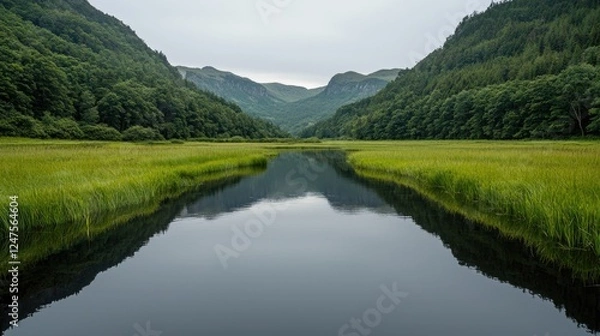 Fototapeta Serene valley river reflection, calm landscape, nature background, travel poster