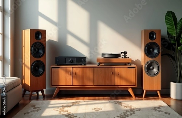 Obraz Vintage hi-fi audio system in living room. Wooden speakers, cabinet. Modern components with retro design. Sun streams in creating warm ambiance. Perfect for interior design, audiophile, home decor.