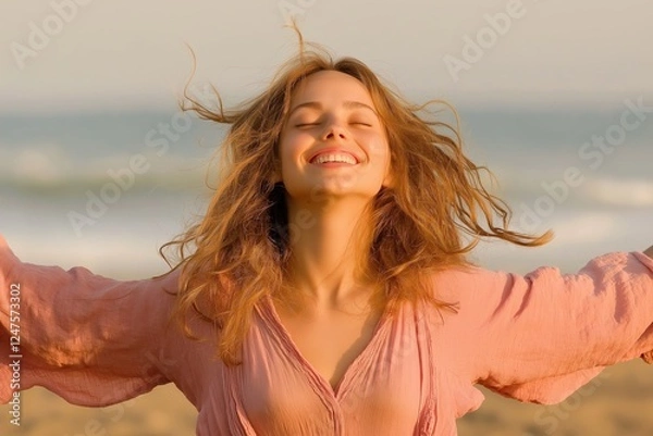 Obraz Young woman with flowing hair smiling joyfully with eyes closed on a sunny beach, embracing the feeling of freedom and happiness