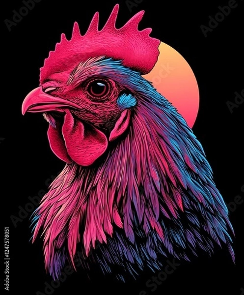 Obraz Portrait of a Red Cockerel Rooster on a Farm Isolated with White Feathers and Sharp Beak