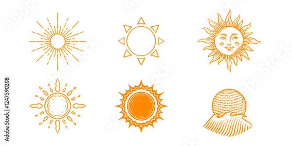 Fototapeta Hand drawn suns rays of light engraved in old vintage style. Solar power and waves. Ecology symbol of reusable energy sunbeams