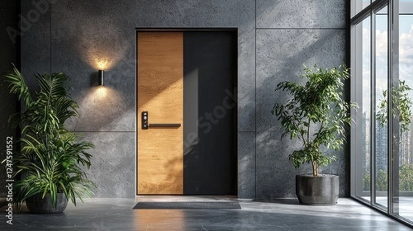Fototapeta Showcasing a sleek door hanger design, this contemporary door stands out in a polished studio. The blend of textures and greenery highlights branding potential ideal for marketing materials