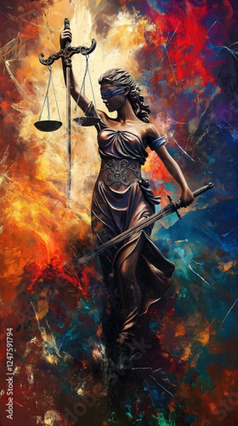 Fototapeta Lady Justice figure with chaotic colors background
