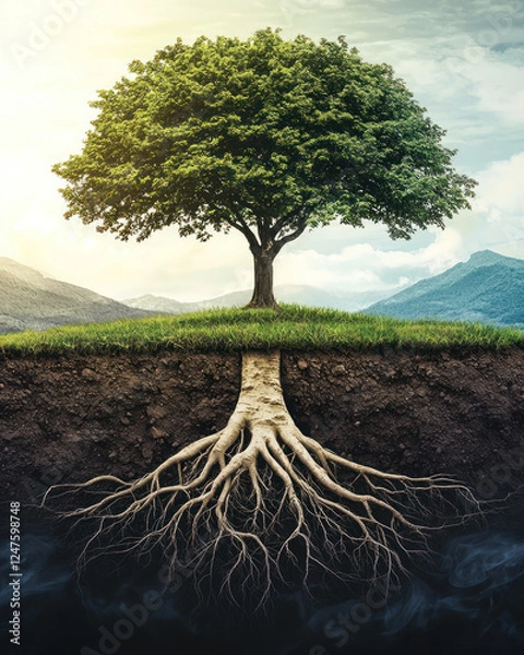 Fototapeta A tree with deep roots symbolizes sustainable governance and ESG practices, showcasing nature resilience and strength