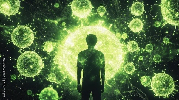 Fototapeta Fluorescent virus particles, imaginative representation of global disease containment. 