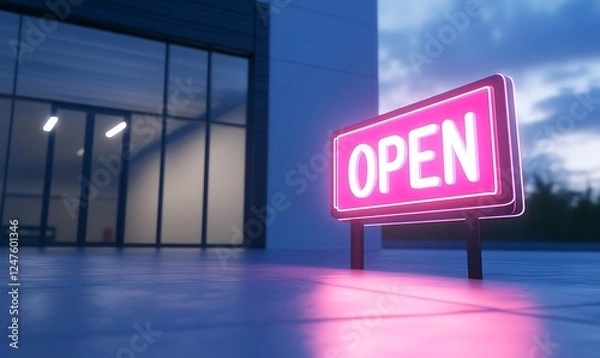Fototapeta Bright neon "OPEN" sign outside a modern building at dusk, inviting customers in.