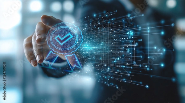 Fototapeta Digital Certification and Security Technology Concept. A man projects a holographic certification badge, emphasizing data protection and secure digital transactions.