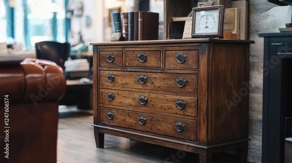 Fototapeta A vintage wooden cabinet in a rustic home, spotless and beautifully arranged.