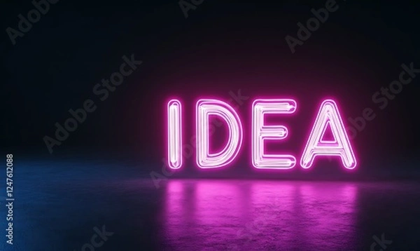 Fototapeta Neon sign displaying the word "IDEA" with a dark background, creating a modern and vibrant look.