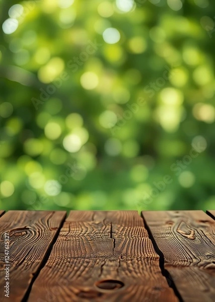 Fototapeta Wooden table on green bokeh background bokeh green bokeh green abstract background light bright blur pattern