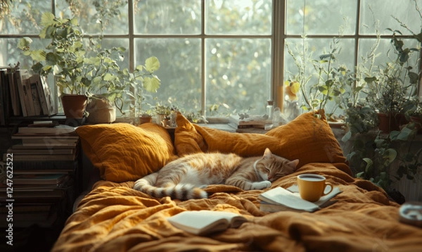 Obraz A cozy lazy Sunday morning, soft natural light streaming through large windows, a sleepy cute  cat lying in the bed