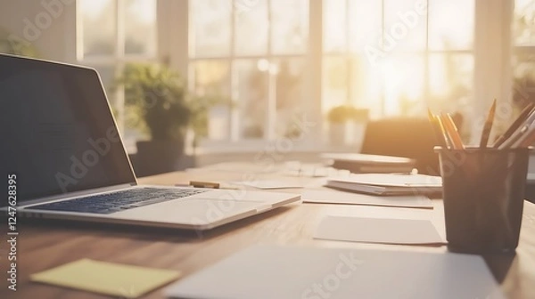 Fototapeta A creative workspace featuring scattered sticky notes, ideal for inspiration and organization.