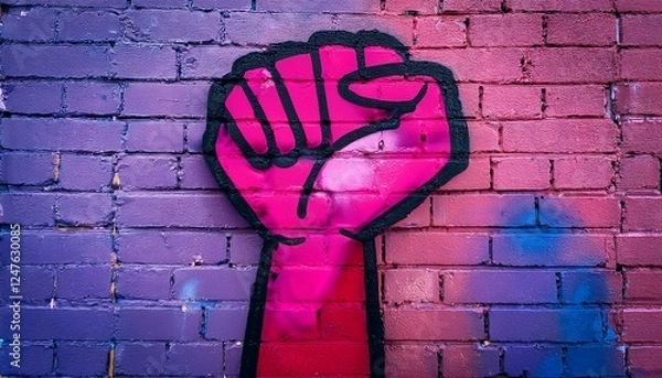Fototapeta A bold feminist graffiti mural featuring a clenched fist in vibrant pink and purple tones on a textured urban brick wall, symbolizing resistance and empowerment.