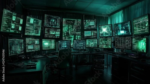 Fototapeta A room filled with multiple computer monitors displaying lines of green code and data