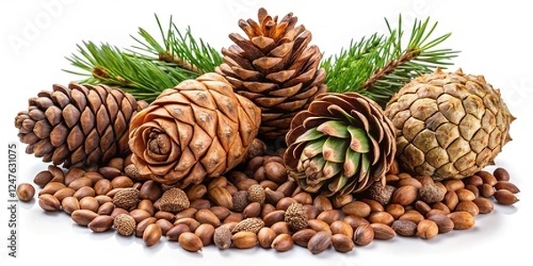 Fototapeta High-resolution aerial view of forest products: cedar cones, nuts, and pine seeds.