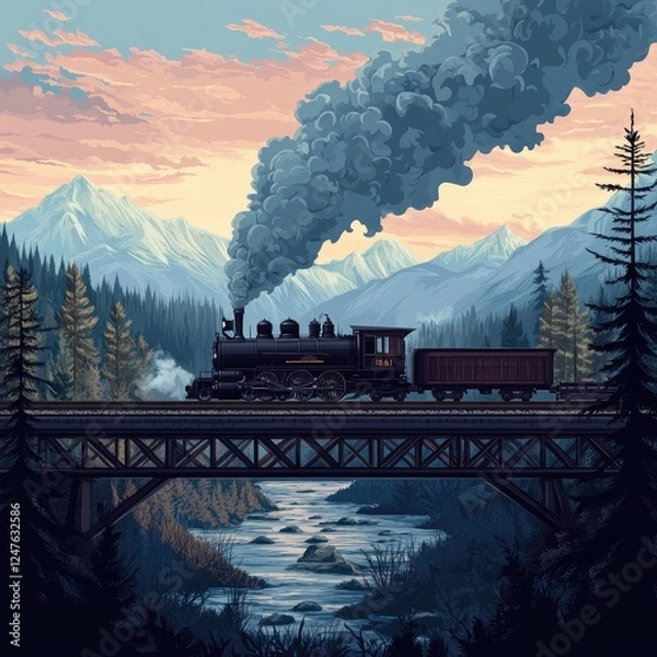 Obraz Steam train crossing a bridge in a mountain landscape at sunset.
