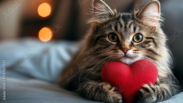 Fototapeta  Adorable Cat Holding a Red Heart for Valentine's Day