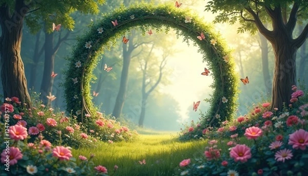 Fototapeta Enchanted spring landscape with round archway framed by blooming flowers, vines. Butterflies flutter through garden meadow. Gentle light filters through trees. Peaceful, beautiful springtime scene.