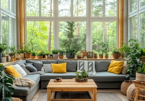 Fototapeta Cozy living room with large windows showcasing a lush green garden view. Grey sectional sofa accented with yellow throw pillows and blankets. Wooden